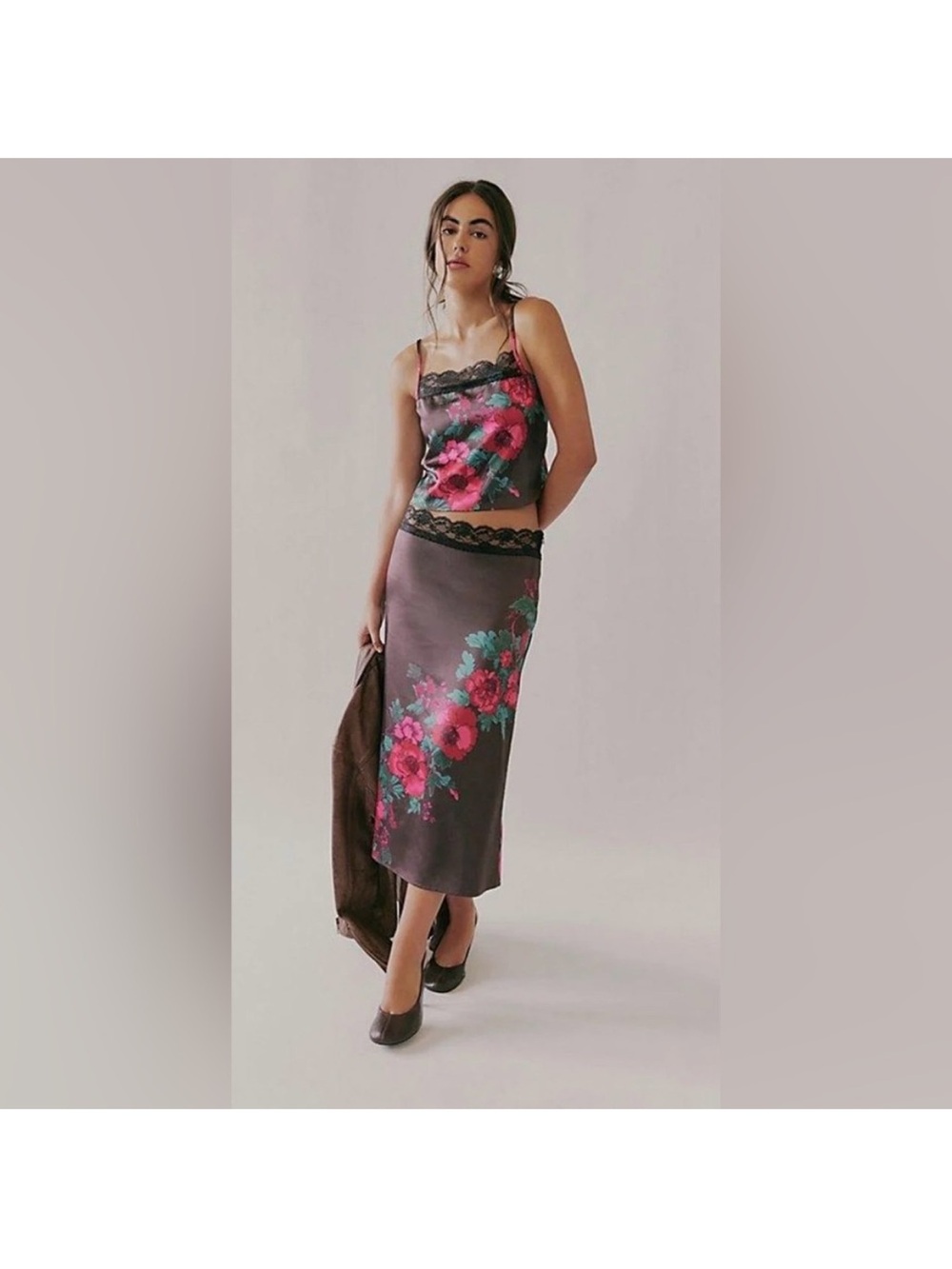 Free People Brown Satin Floral Two-Piece Skirt Set with Pink & Teal Flowers L